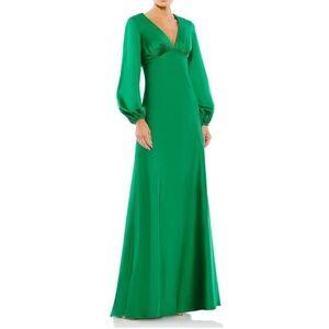Mac Duggal Emerald Charmeuse Empire Waist Blouson Long Sleeve Gown - Reemoly